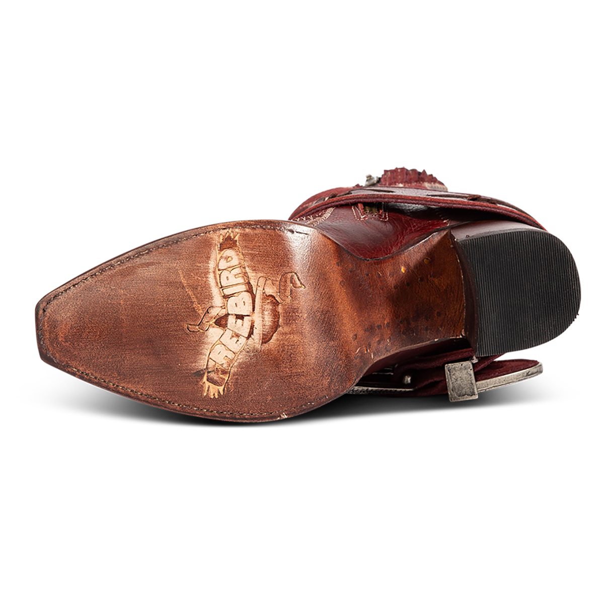 Leather sole imprinted with FREEBIRD on women's JAYMIE wine multi patchwork leather bootie 