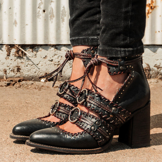 Freebird women's JAYSON black leather high heel shoe with adjustable leather lacing, o-ring hardware details and open silhouette