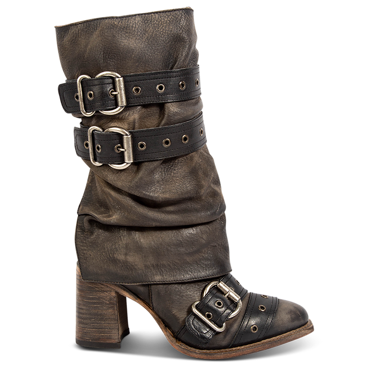 FREEBIRD women's Jermaine black distressed leather boot with adjustable shaft belts, inside working zipper and tall stacked heel