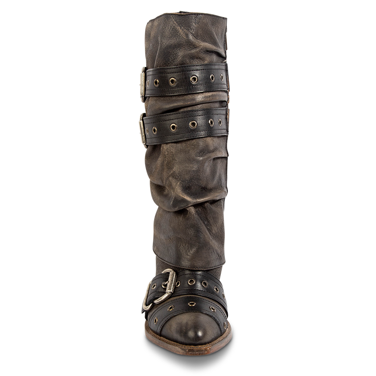 Front view showing FREEBIRD women's Jermaine black distressed leather boot with adjustable shaft belts, a leather shaft overlay and pointed toe