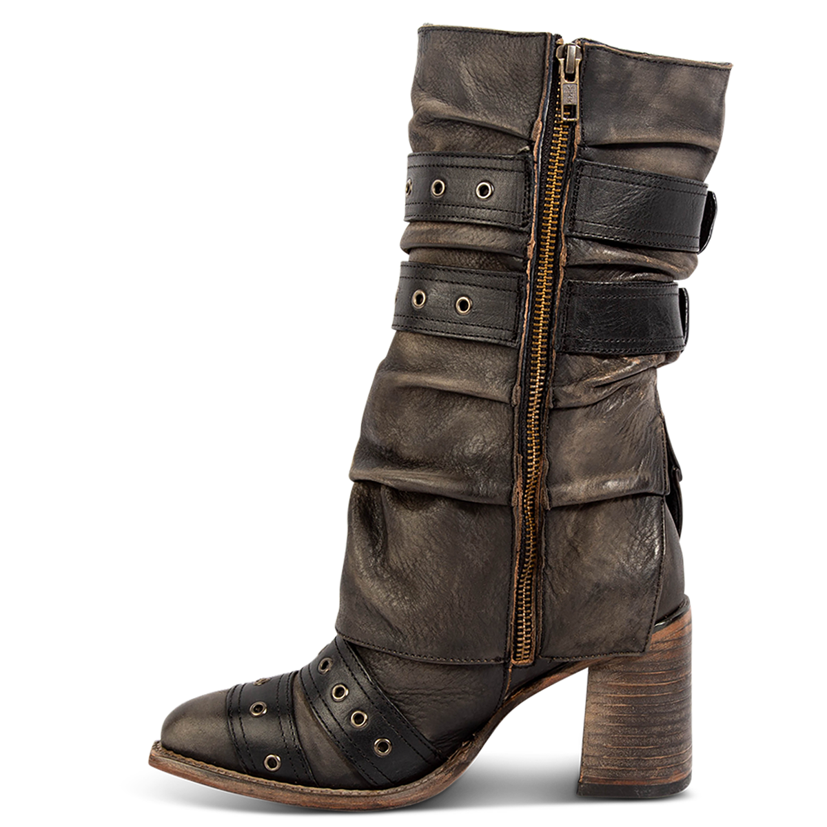 Inside view showing FREEBIRD women's Jermaine black distressed leather boot with an inside working zipper, tall stacked heel and pointed toe