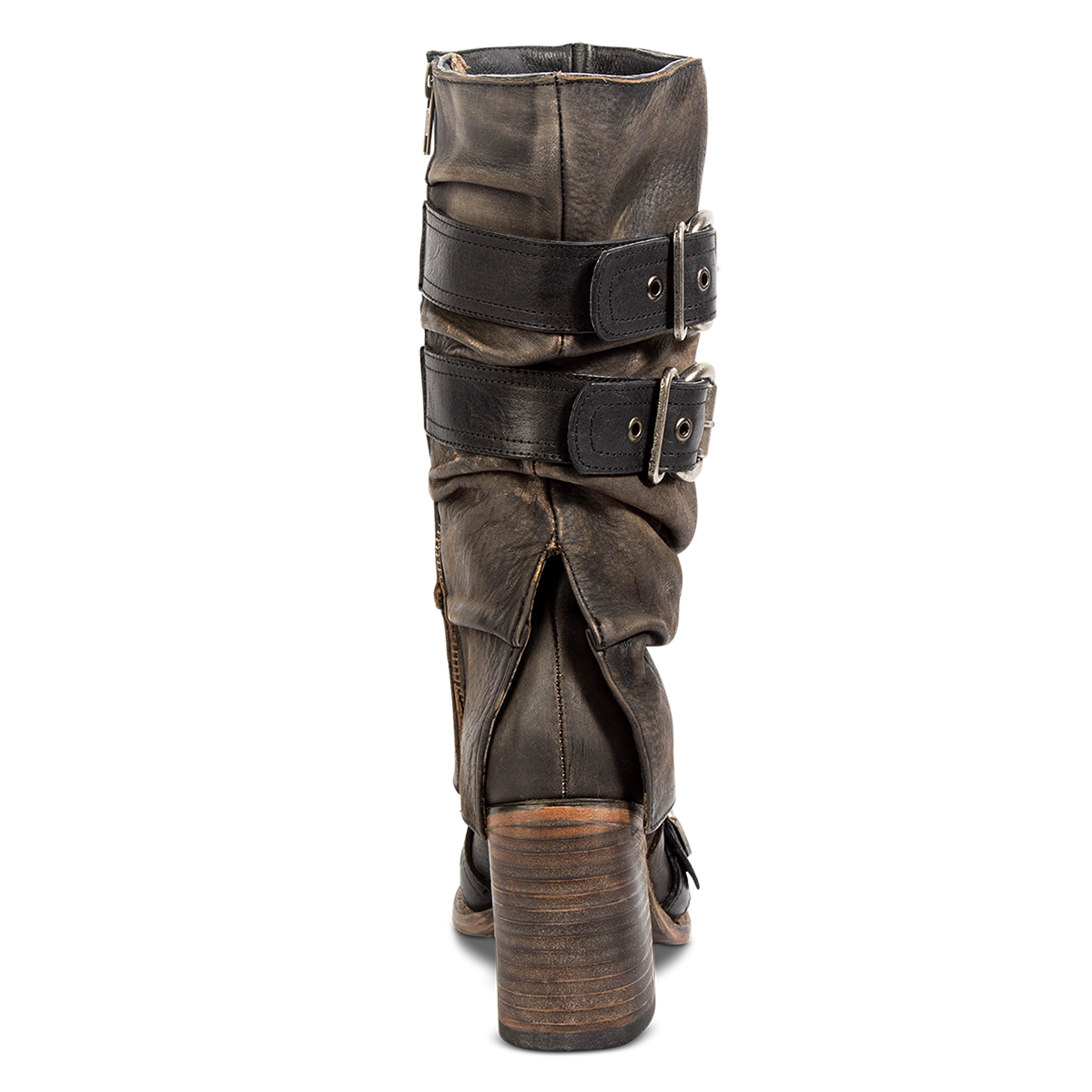 Back view showing FREEBIRD women's Jermaine black distressed leather boot with a tall stacked heel and leather shaft overlay