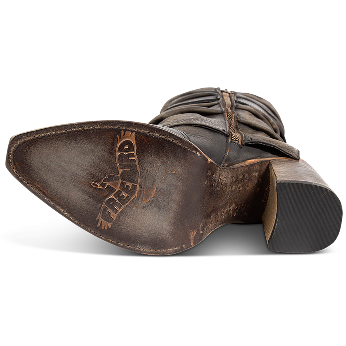 Leather sole imprinted with FREEBIRD on women's Jermaine black distressed leather boot