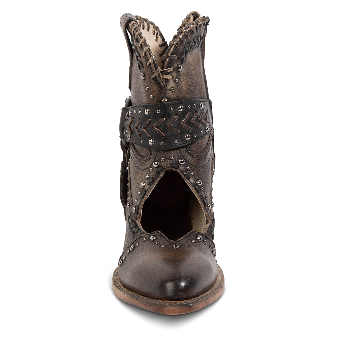 Front view showing silver stud detailing, instep cutout, stitched strap construction on FREEBIRD women's Jetson black heeled bootie