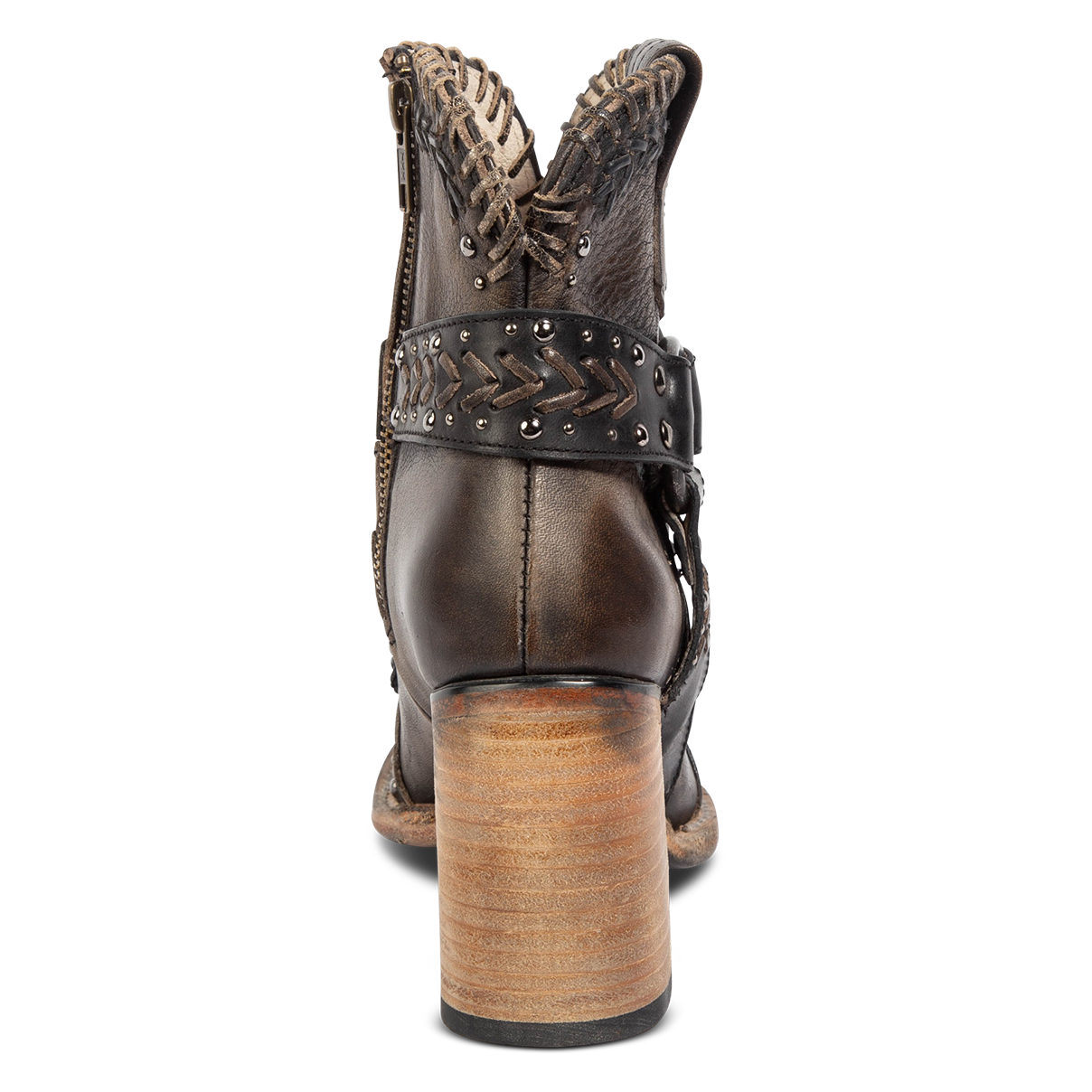 Back view showing a wood stacked heel and detailed heel strap on FREEBIRD women's Jetson black bootie