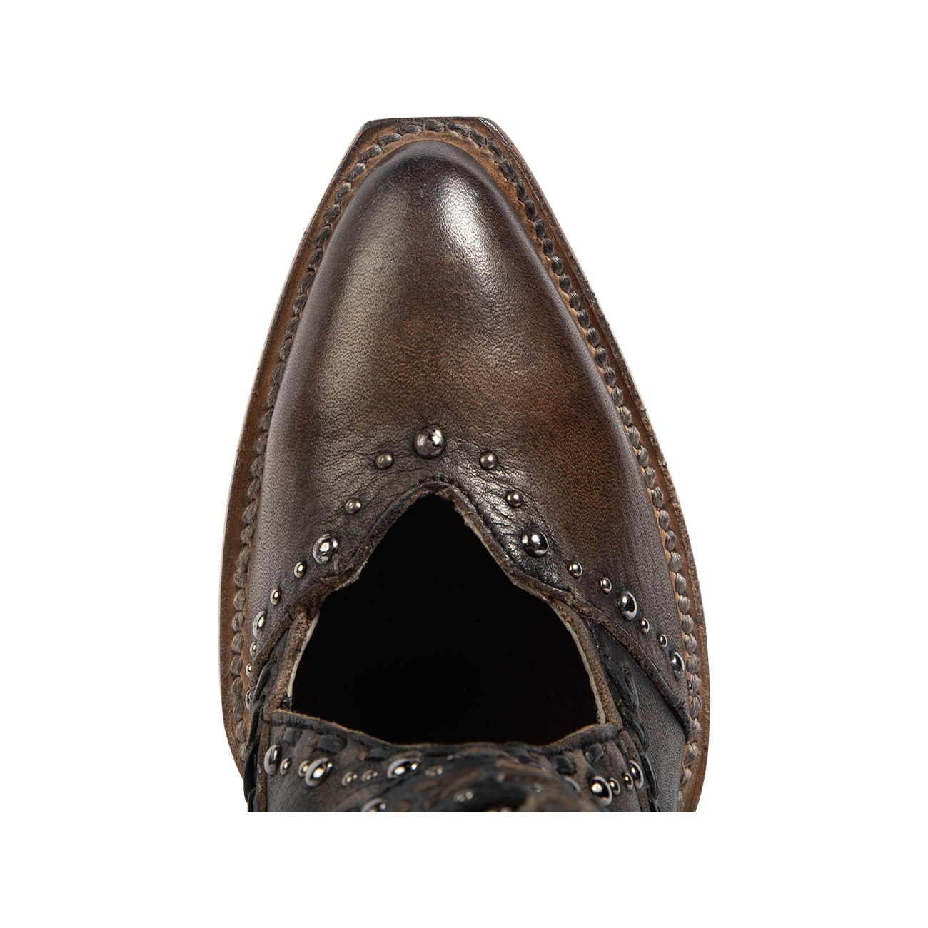 Top view showing a pointed toe and open instep construction with silver stud detailing on FREEBIRD women's Jetson black heeled bootie