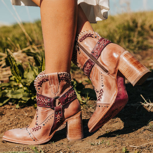 FREEBIRD women's Jetson blush western heeled bootie with vintage-inspired detailing and instep cutout