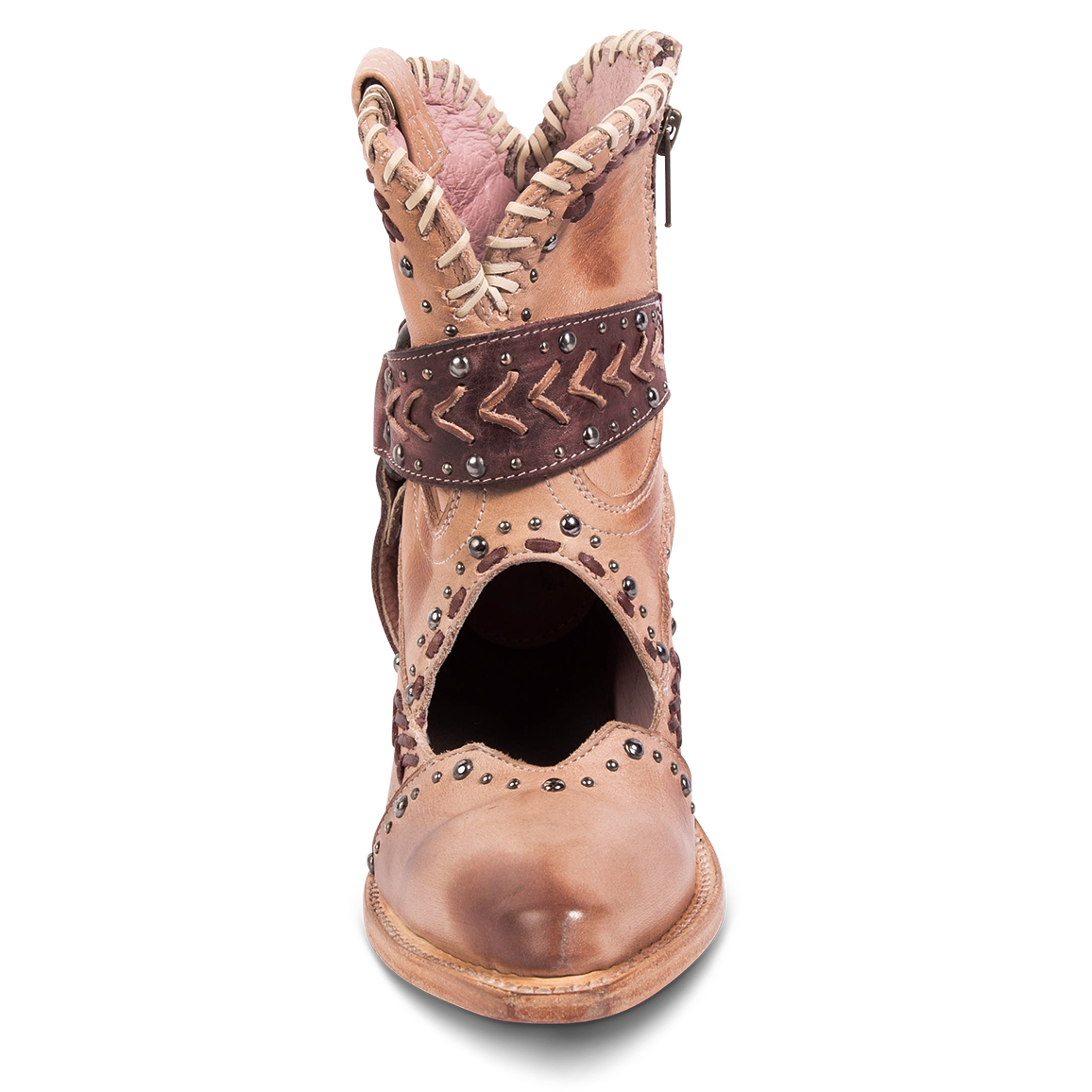 Front view showing silver stud detailing, instep cutout, stitched strap construction on FREEBIRD women's Jetson blush heeled bootie