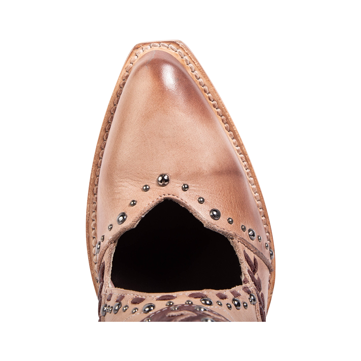 Top view showing a pointed toe and open instep construction with silver stud detailing on FREEBIRD women's Jetson blush heeled bootie