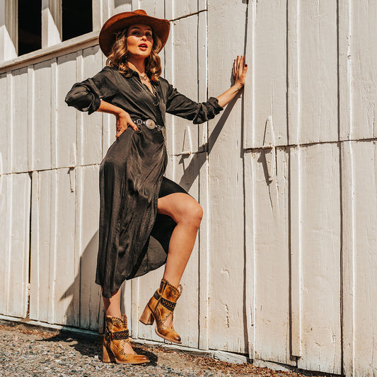FREEBIRD women's Jetson tan western heeled bootie with vintage-inspired detailing and instep cutout lifestyle image