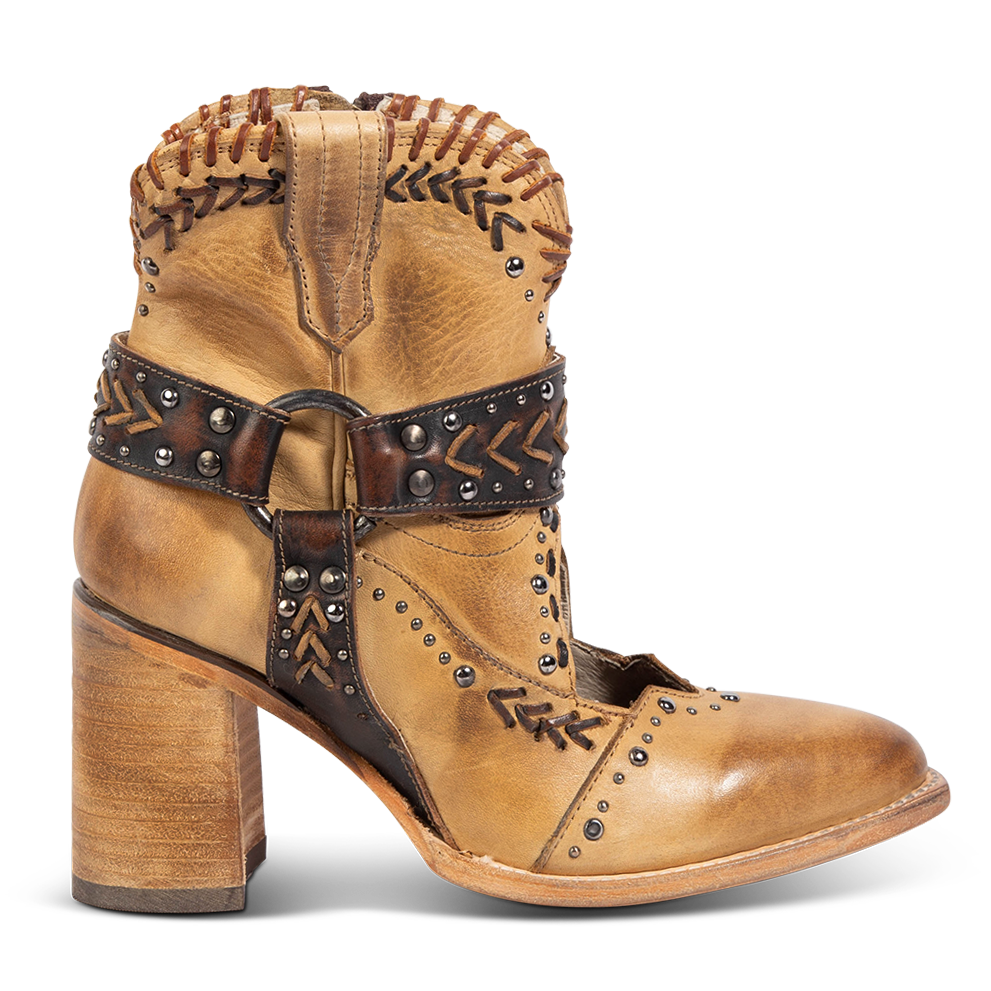 FREEBIRD women's Jetson tan western heeled bootie with vintage-inspired detailing and instep cutout