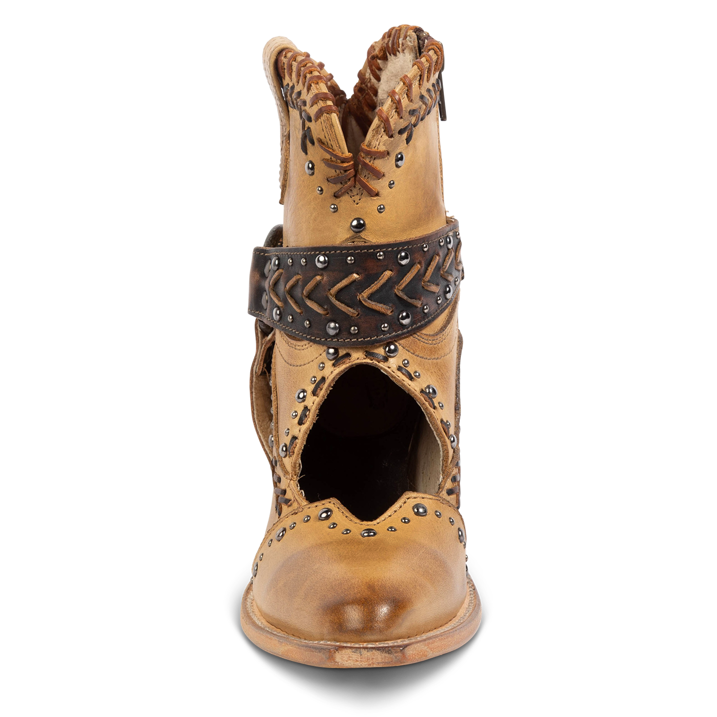 Front view showing silver stud detailing, instep cutout, stitched strap construction on FREEBIRD women's Jetson tan heeled bootie