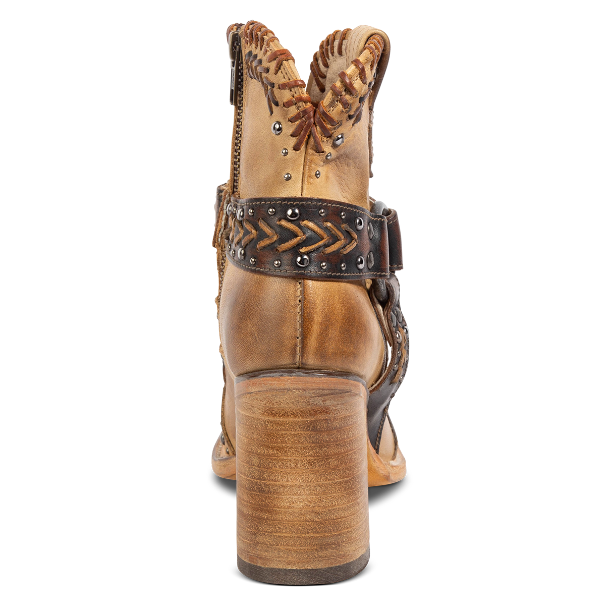 Back view showing a wood stacked heel and detailed heel strap on FREEBIRD women's Jetson tan bootie