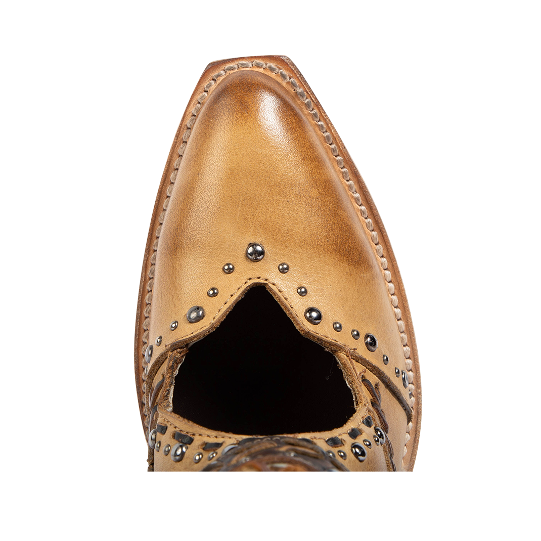 Top view showing a pointed toe and open instep construction with silver stud detailing on FREEBIRD women's Jetson tan heeled bootie