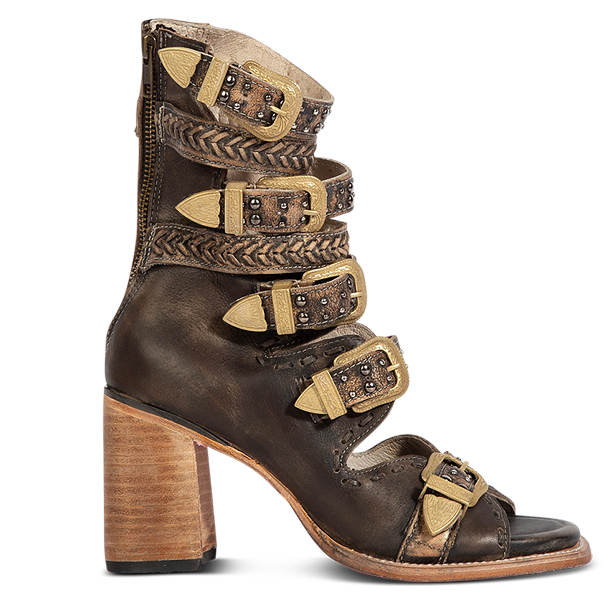 FREEBIRD women's Jett black leather sandal with adjustable gold buckling, a high lifted heel and metallic chevron stitching 