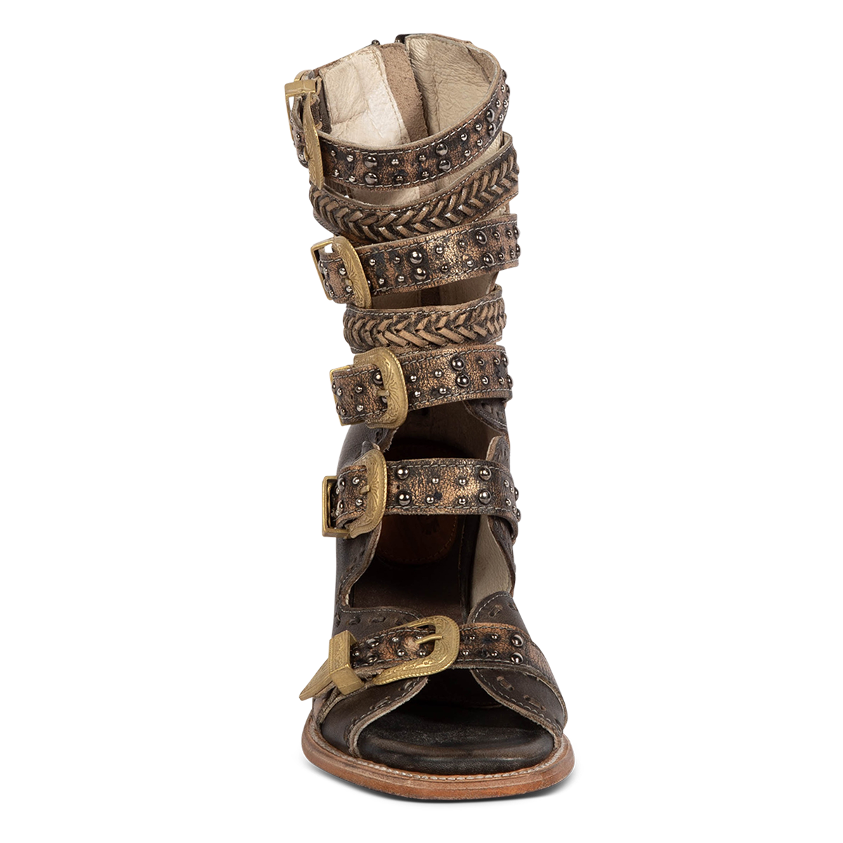 Front view showing FREEBIRD women's Jett black leather sandal with adjustable gold buckling, open shaft silhouette and metallic chevron stitching