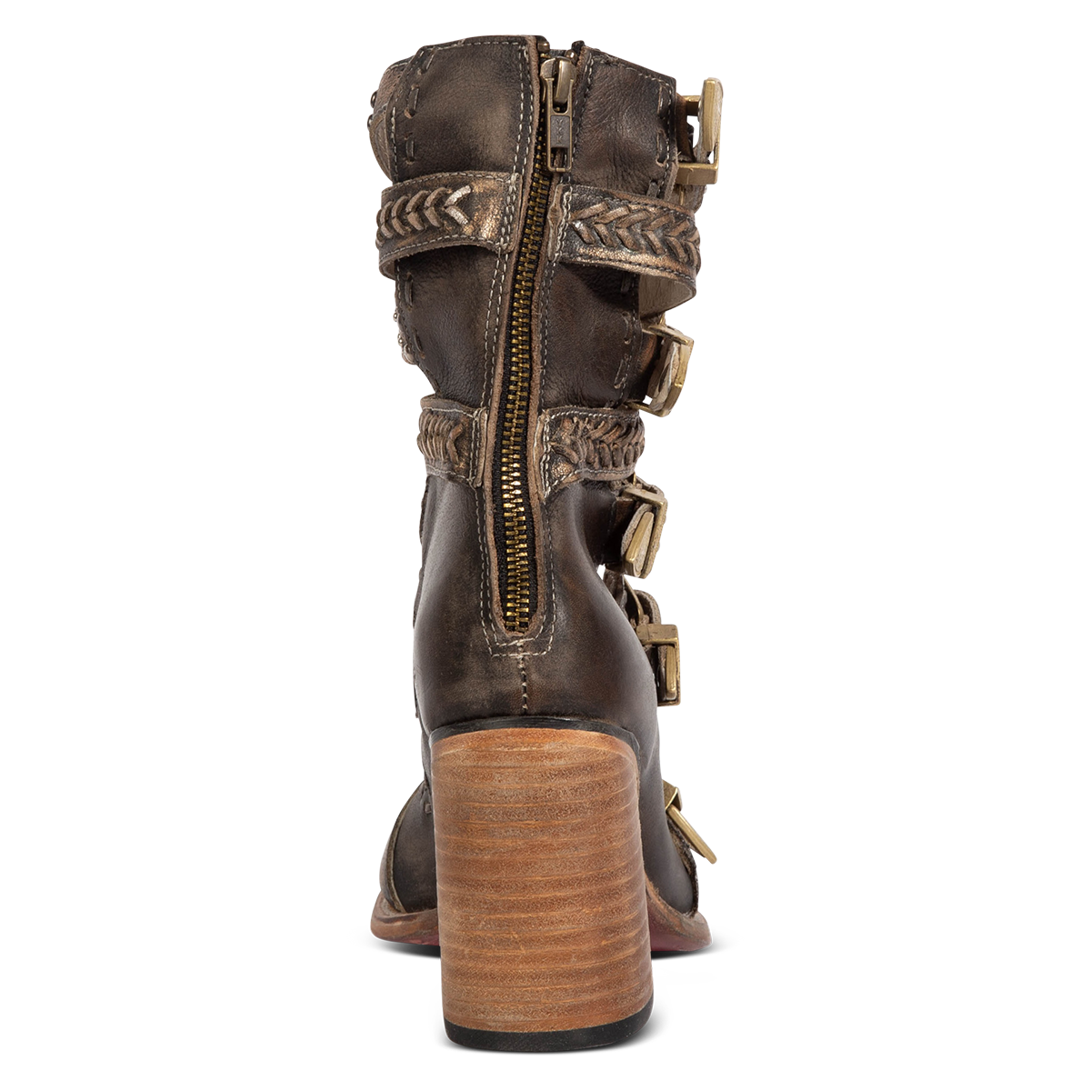 Back view showing a working brass zipper and high lifted heel on FREEBIRD women's Jett black leather sandal 