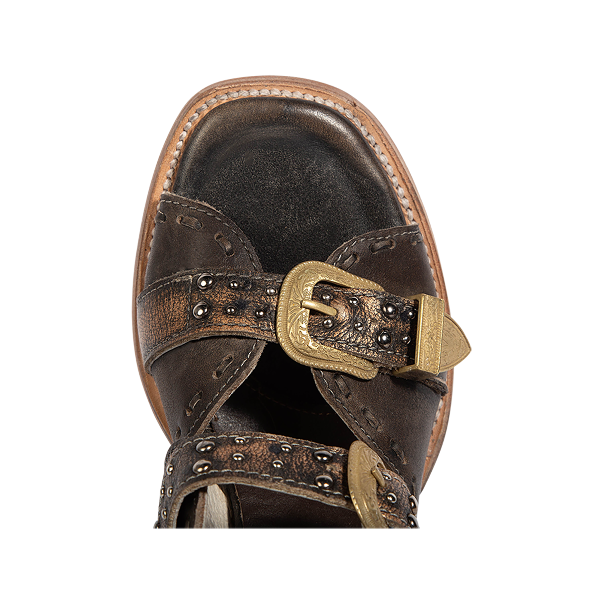 Top view showing a square toe construction on FREEBIRD women's Jett black leather sandal 