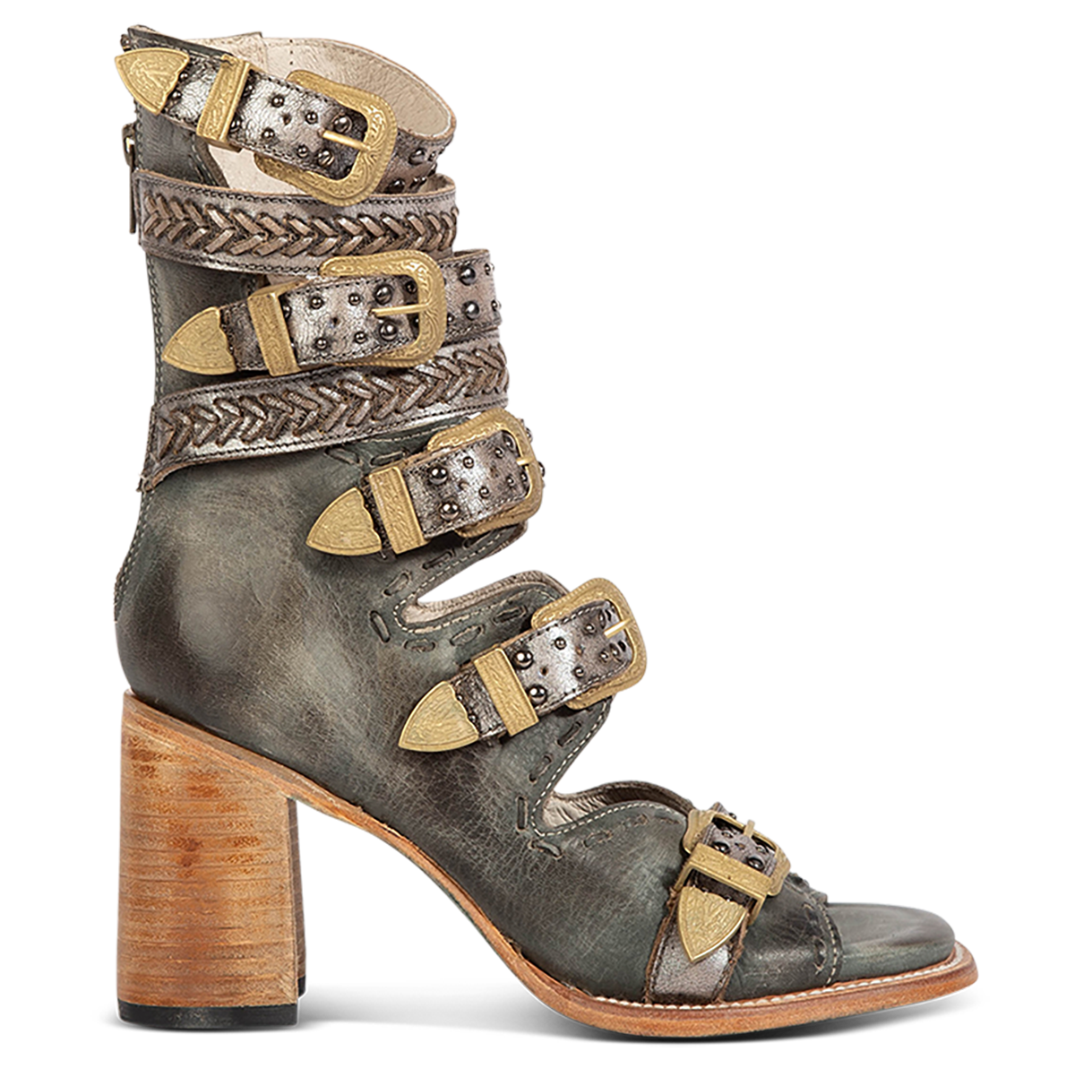 FREEBIRD women's Jett blue leather sandal with adjustable gold buckling, a high lifted heel and metallic chevron stitching 
