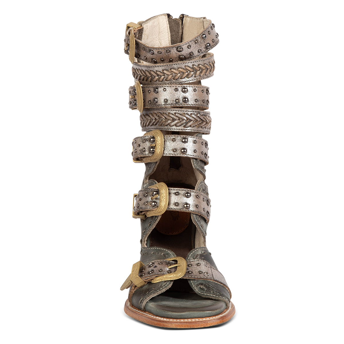 Front view showing FREEBIRD women's Jett blue leather sandal with adjustable gold buckling, open shaft silhouette and metallic chevron stitching