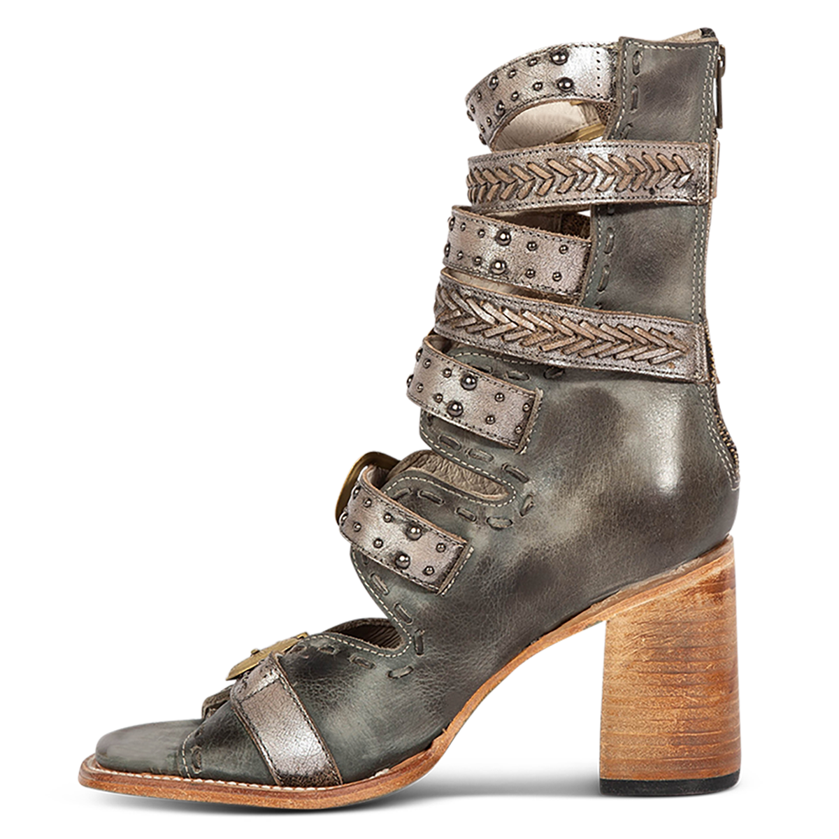 Inside view showing FREEBIRD women's Jett blue leather sandal with a high lifted heel, metallic chevron stitching and an open silhouette