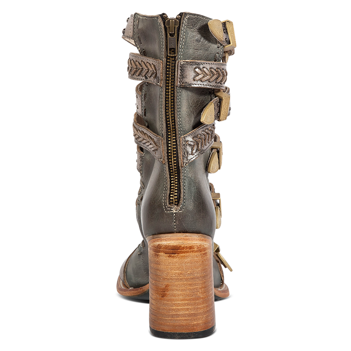 Back view showing a working brass zipper and high lifted heel on FREEBIRD women's Jett blue leather sandal 