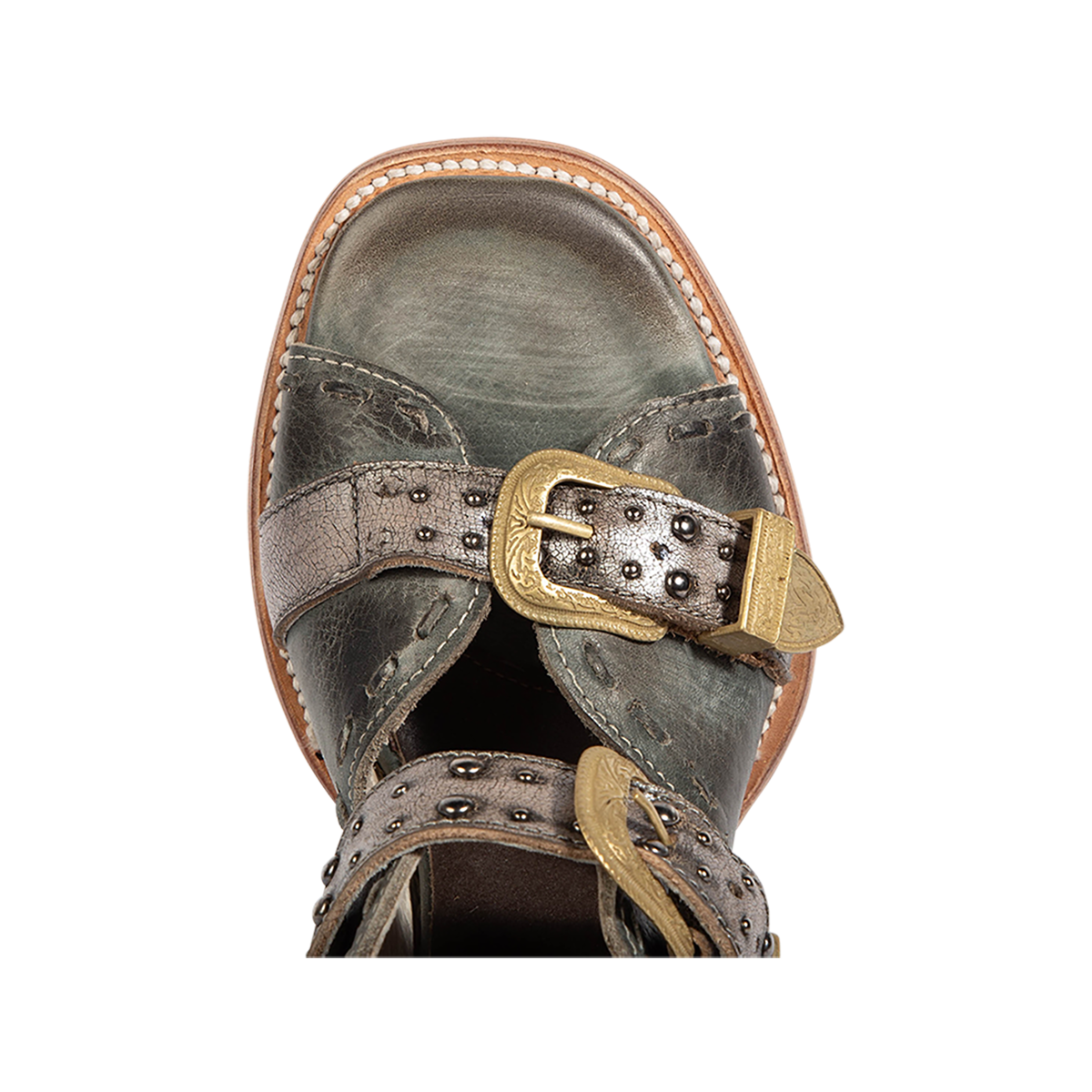 Top view showing a square toe construction on FREEBIRD women's Jett blue leather sandal 