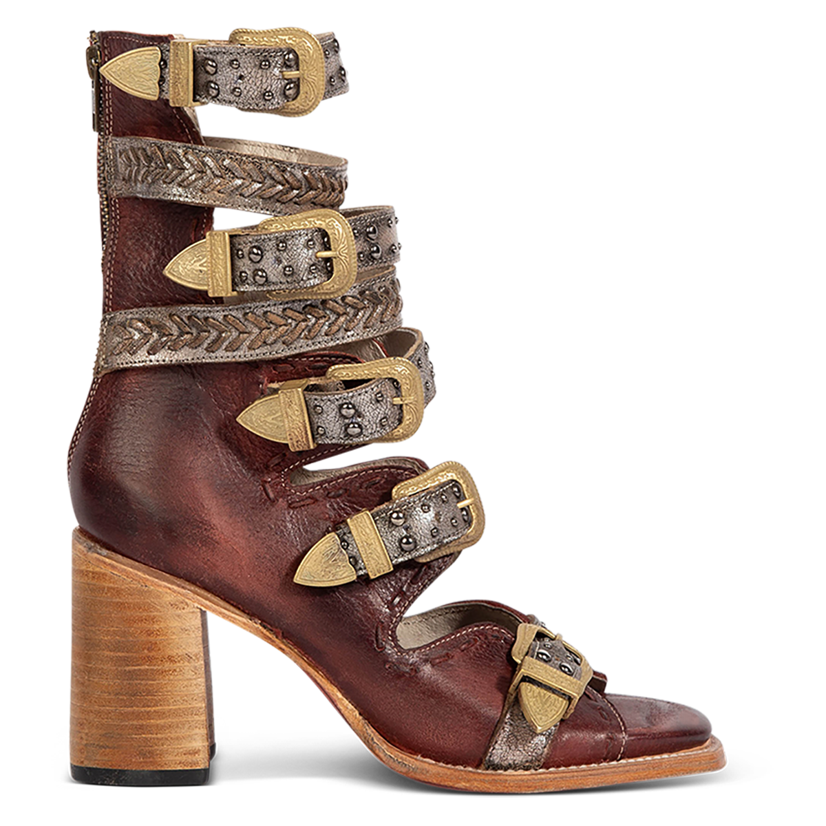 FREEBIRD women's Jett red leather sandal with adjustable gold buckling, a high lifted heel and metallic chevron stitching