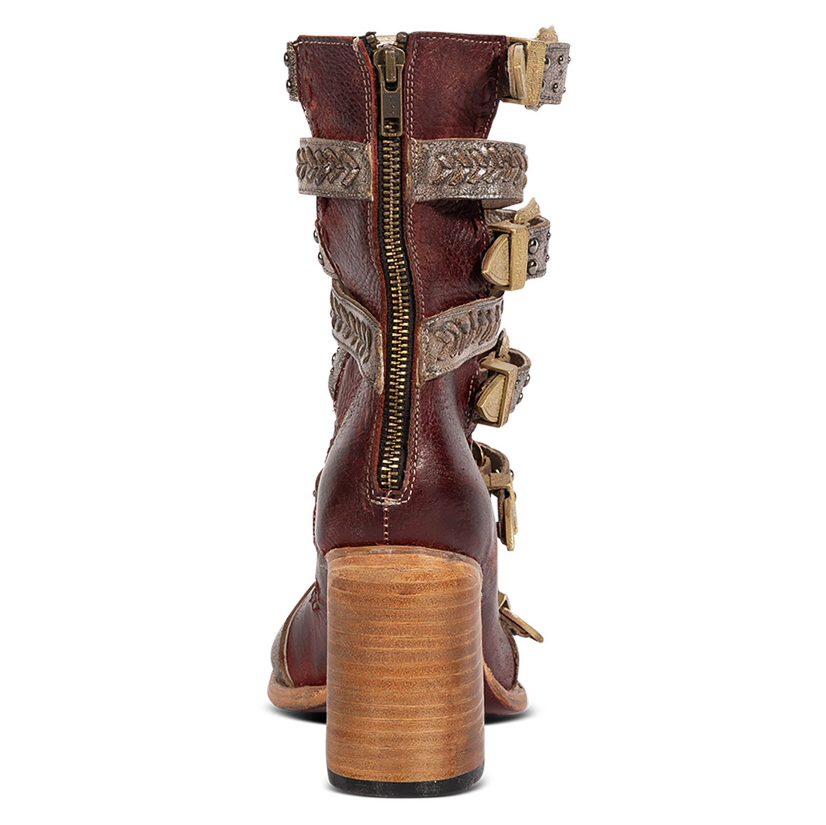 Back view showing a working brass zipper and high lifted heel on FREEBIRD women's Jett red leather sandal 