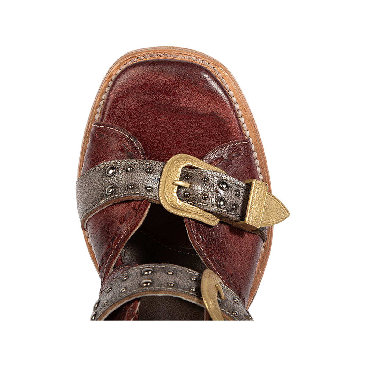 Top view showing a square toe construction on FREEBIRD women's Jett red leather sandal 
