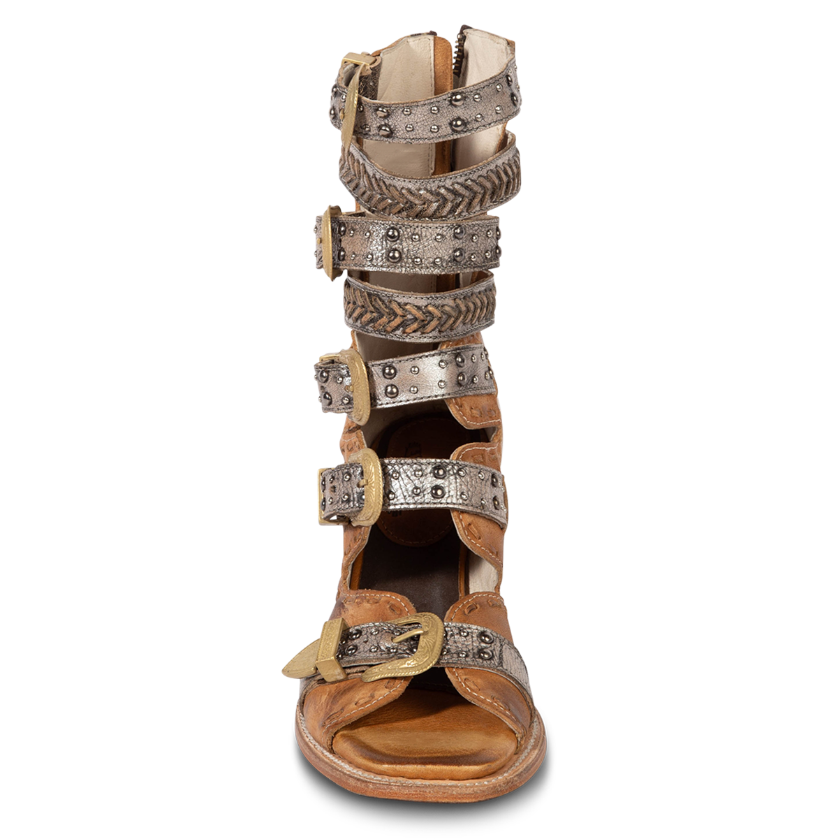 Front view showing FREEBIRD women's Jett wheat leather sandal with adjustable gold buckling, open shaft silhouette and metallic chevron stitching