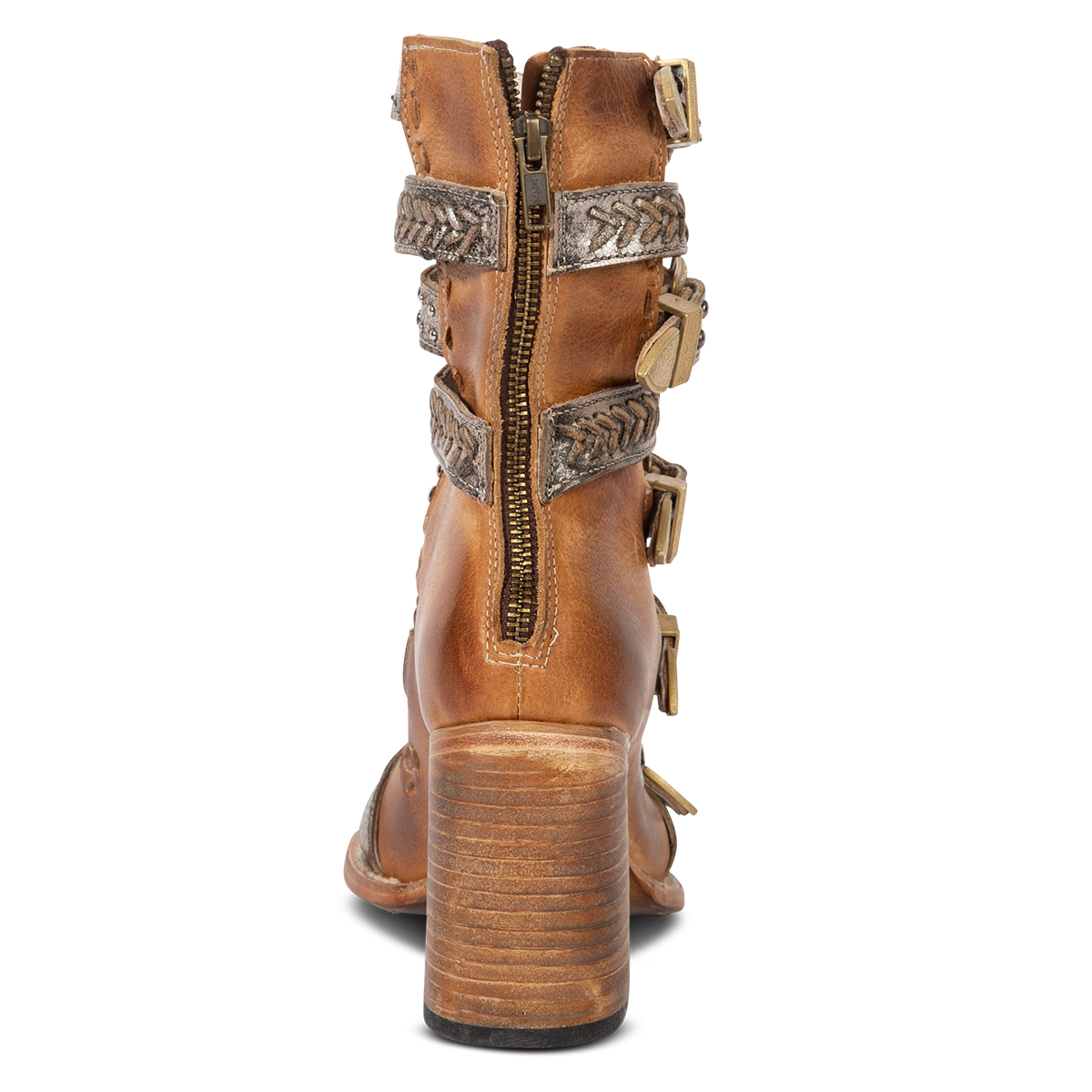 Back view showing a working brass zipper and high lifted heel on FREEBIRD women's Jett wheat leather sandal 