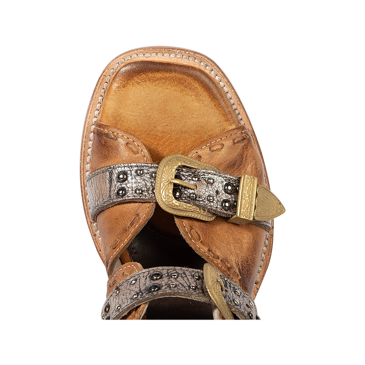 Top view showing a square toe construction on FREEBIRD women's Jett wheat leather sandal 
