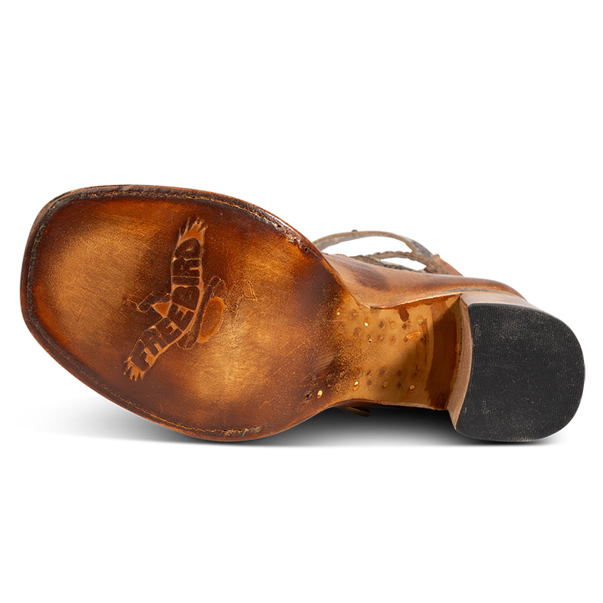 Leather sole imprinted with FREEBIRD on women's Jett wheat leather sandal
