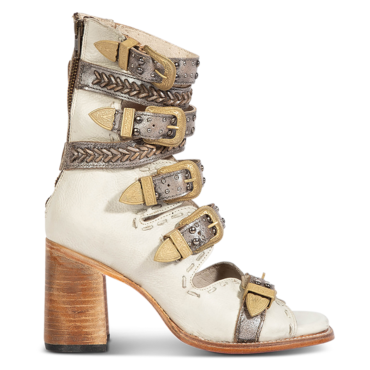 FREEBIRD women's Jett white leather sandal with adjustable gold buckling, a high lifted heel and metallic chevron stitching