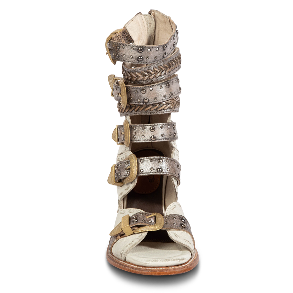 Front view showing FREEBIRD women's Jett white leather sandal with adjustable gold buckling, open shaft silhouette and metallic chevron stitching