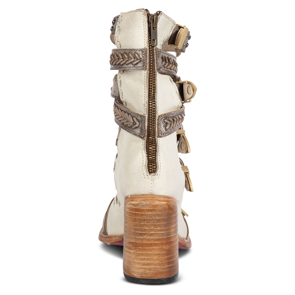 Back view showing a working brass zipper and high lifted heel on FREEBIRD women's Jett white leather sandal 