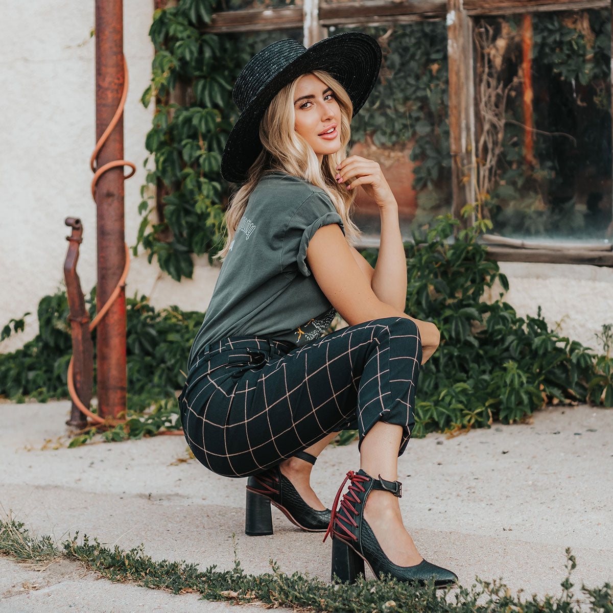 FREEBIRD women's Jillian black croco pointed toe open construction heeled shoe with detailed back lacing and adjustable ankle strap lifestyle image