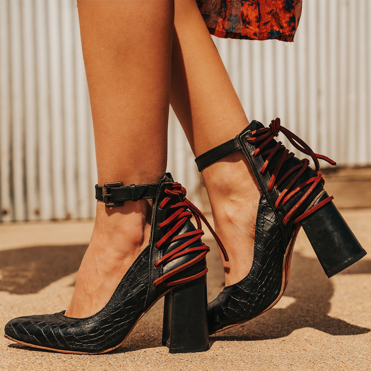 FREEBIRD women's Jillian black croco pointed toe open construction heeled shoe with detailed back lacing and adjustable ankle strap