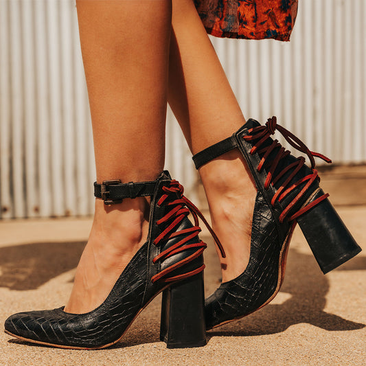 FREEBIRD women's Jillian black croco pointed toe open construction heeled shoe with detailed back lacing and adjustable ankle strap