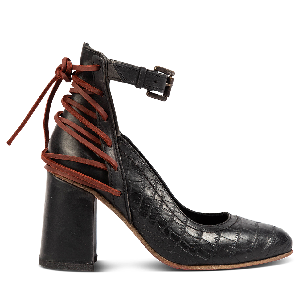 FREEBIRD women's Jillian black croco pointed toe open construction heeled shoe with detailed back lacing and adjustable ankle strap