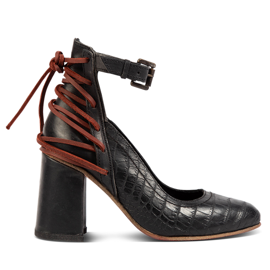 FREEBIRD women's Jillian black croco pointed toe open construction heeled shoe with detailed back lacing and adjustable ankle strap