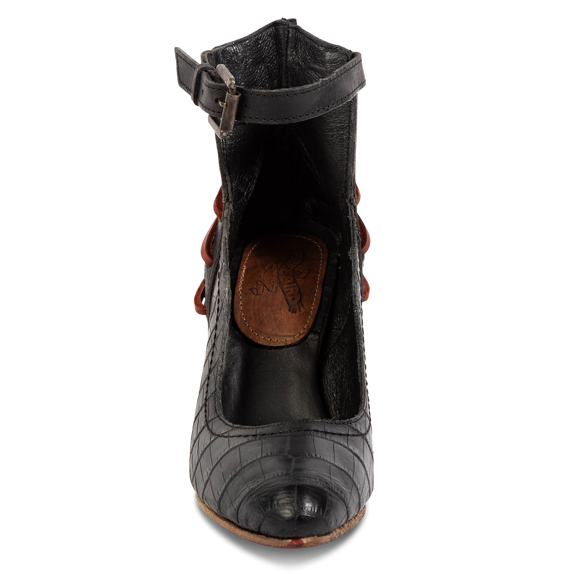 Front view showing open construction and pointed toe with adjustable leather ankle strap on FREEBIRD women's Jillian black croco heeled shoe