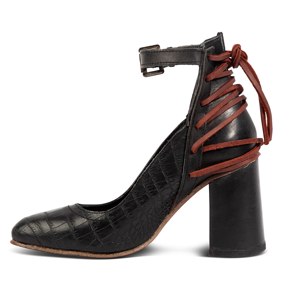 Inside view showing leather wrapped heel and red leather lacing on FREEBIRD women's Jillian black croco heeled shoe