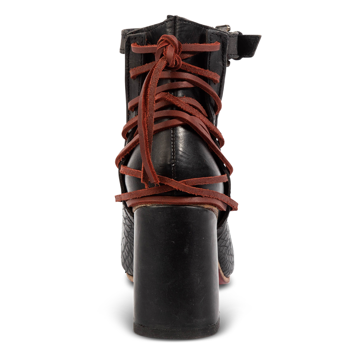 Back view showing red leather lacing and leather wrapped heel on FREEBIRD women's Jillian black croco shoe
