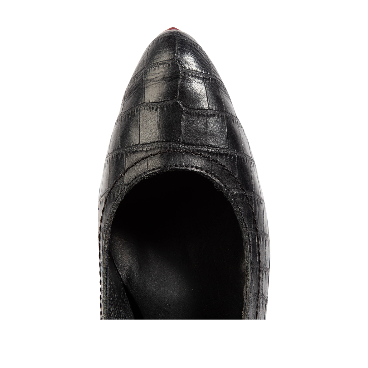 Top view showing pointed toe construction on FREEBIRD women's Jillian black croco heeled shoe 