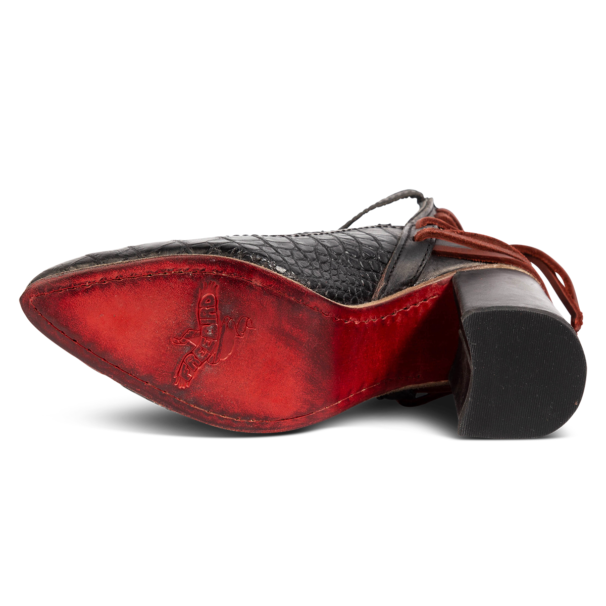 Red leather sole imprinted with FREEBIRD on women's Jillian black croco heeled shoe 