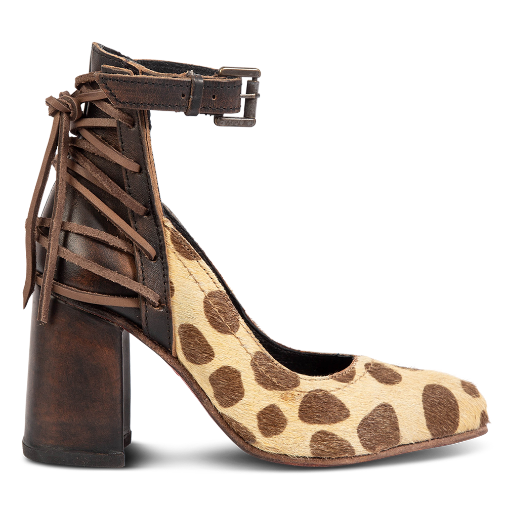 FREEBIRD women's Jillian leopard pointed toe open construction heeled shoe with detailed back lacing and adjustable ankle strap