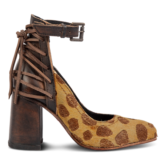 FREEBIRD women's Jillian leopard pointed toe open construction heeled shoe with detailed back lacing and adjustable ankle strap