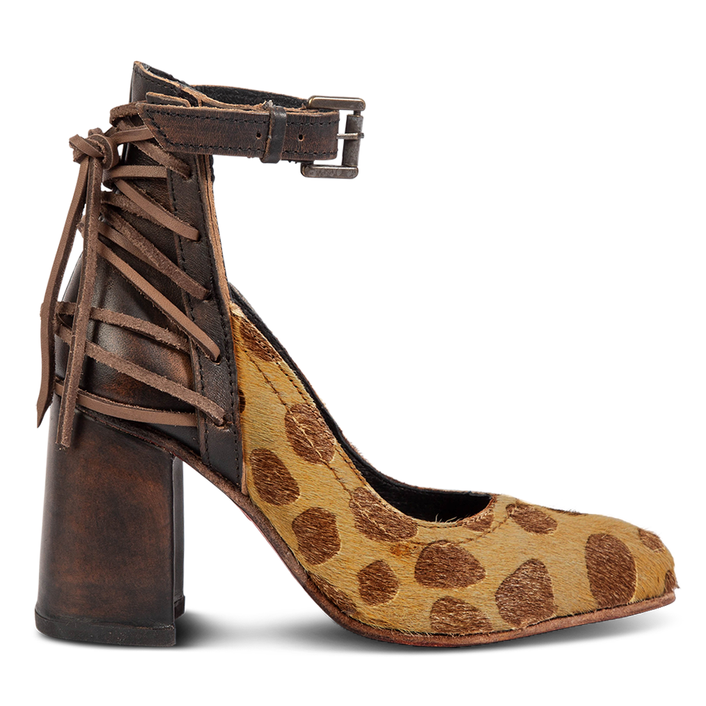 FREEBIRD women's Jillian leopard pointed toe open construction heeled shoe with detailed back lacing and adjustable ankle strap